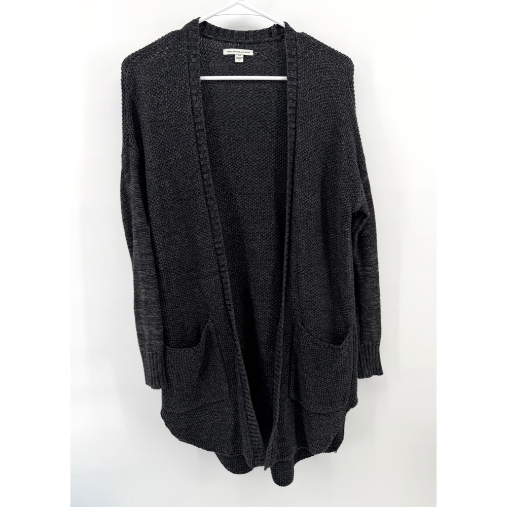 American Eagle Open Front Long Black Knit Cardigan Oversized Above Knee Women S
